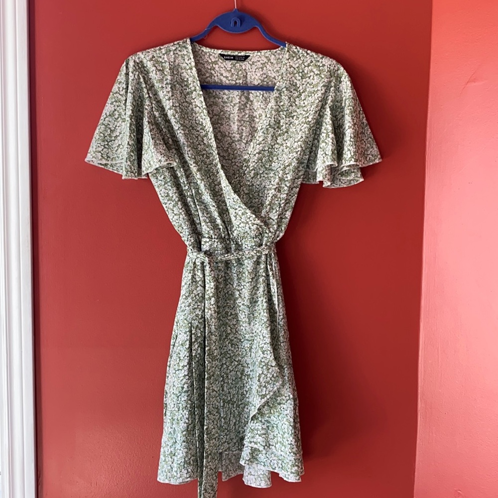 Green floral wrap dress